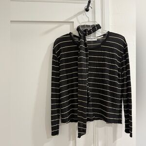 Sonia Rykiel Paris black sheer long sleeve top w/ ivory stripes + matching scarf